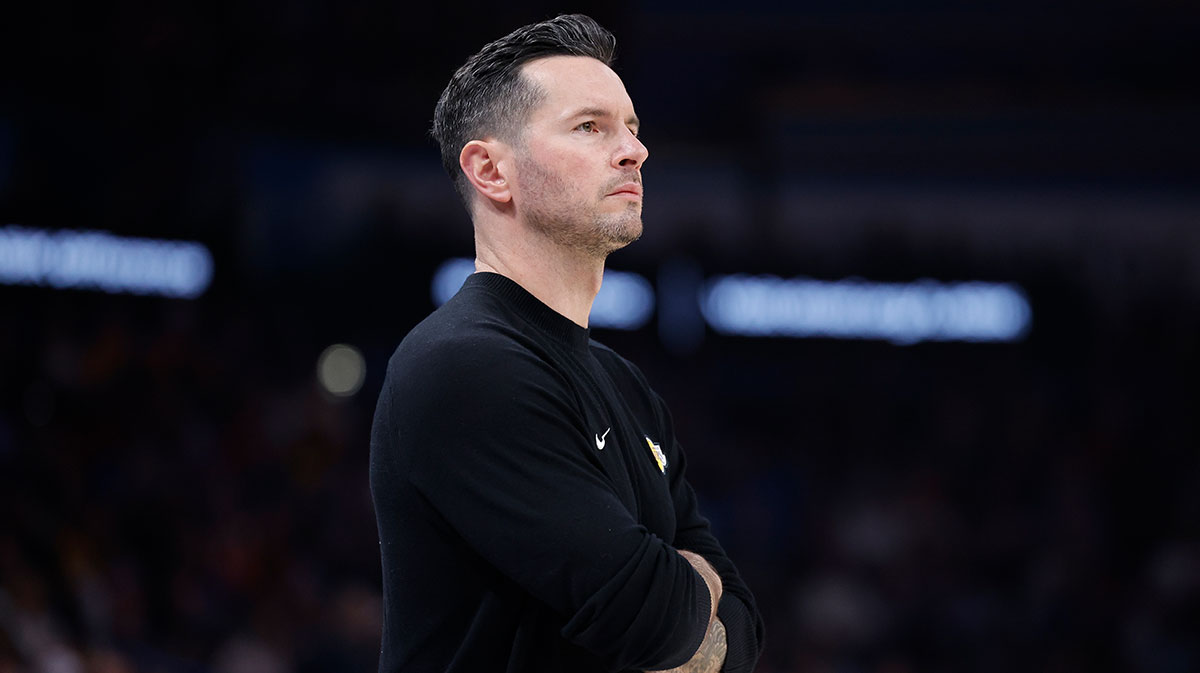 Los Angeles Lakers head coach JJ Redick watches his team play against the Oklahoma City Thunder during the second quarter at Paycom Center.