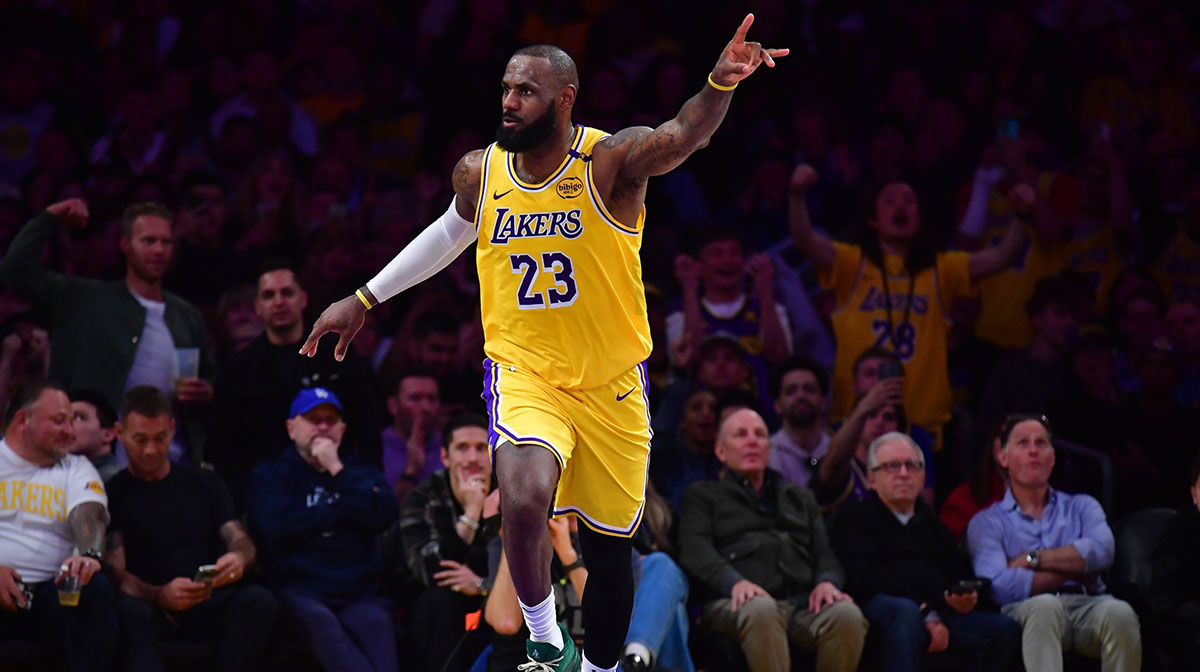 Los Angeles Lakers forward LeBron James (23) reacts after scoring a basket against the Golden State Warriors during the second half at Crypto.com Arena.