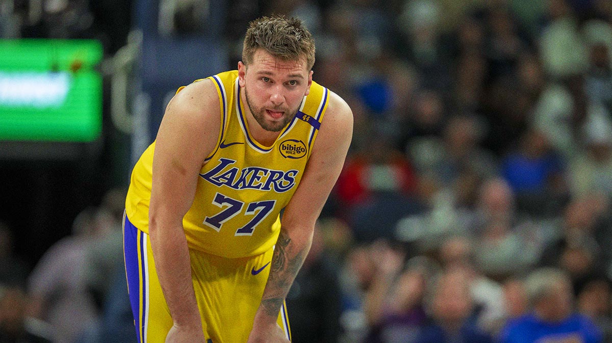 Los Angeles Lakers guard Luka Doncic (77) looks on against the Minnesota Timberwolves in the first half during game three of first round for the 2024 NBA Playoffs at Target Center.