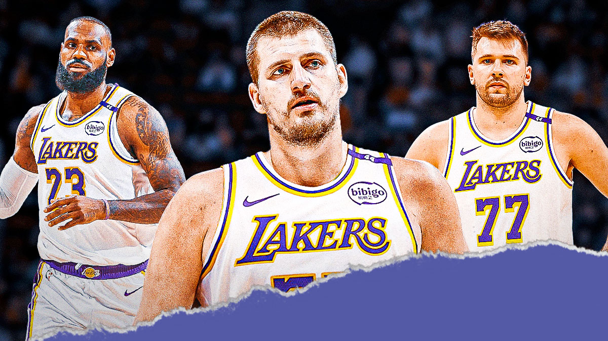 Nikola Jokic number 15 photoshopped in Lakers jersey. Luka Doncic and LeBron James on each side of him.