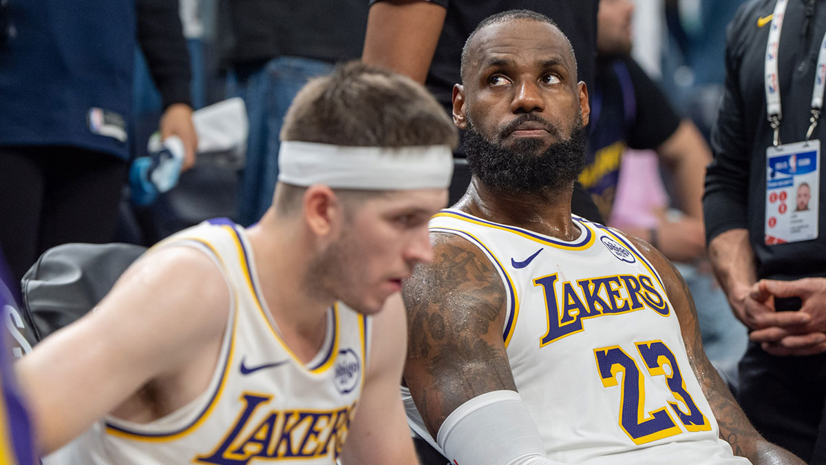 Lakers forward LeBron James (23) reacts to a replay