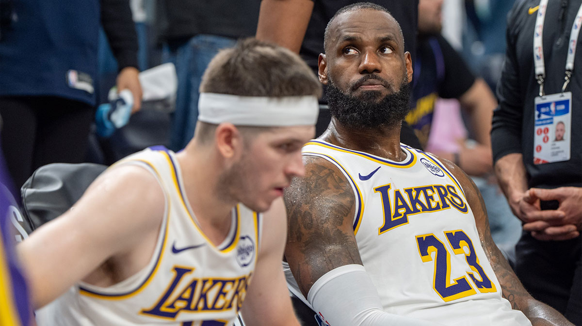 Los Angeles Lakers forward LeBron James (23) reacts to a replay that confirms he fouled Minnesota Timberwolves guard Anthony Edwards (5) in the fourth quarter during game four of first round for the 2025 NBA Playoffs at Target Center.