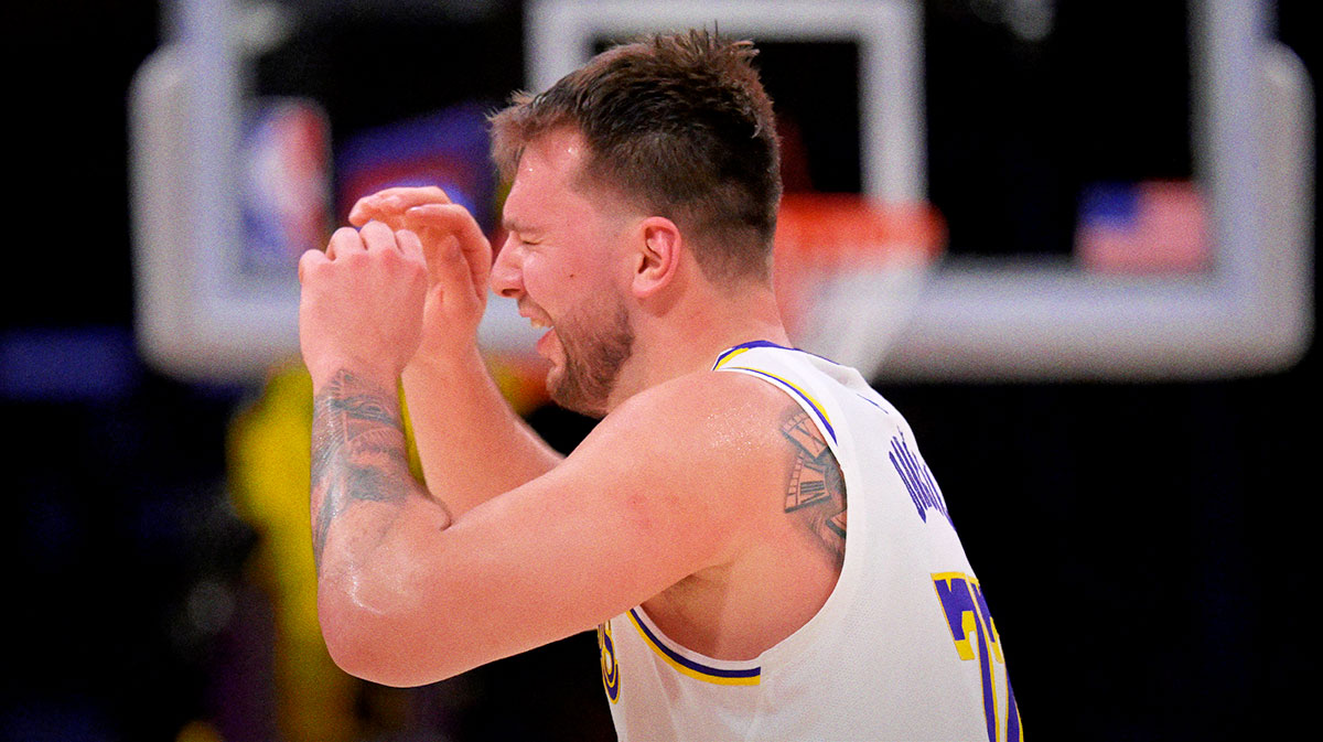Los Angeles Lakers guard Luka Doncic (77) reacts after he was called for a foul in the first half against the Minnesota Timberwolves at Crypto.com Arena.