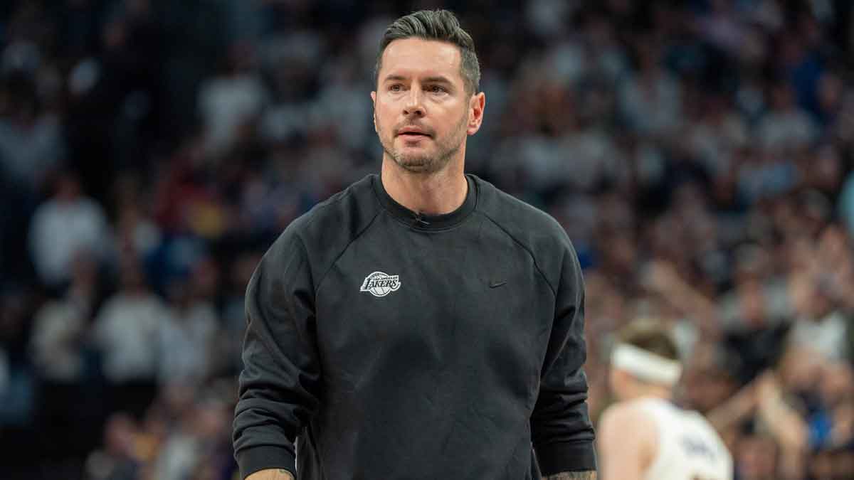 Lakers head coach JJ Redick reacts to his team losing the lead to the Minnesota Timberwolves late in the fourth quarter during game four of first round for the 2025 NBA Playoffs at Target Center