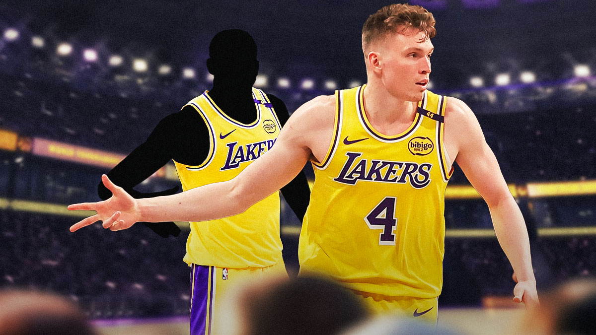 LA Lakers player Dalton Knecht alongside a shadowy player in a LA Lakers jersey. Have the Lakers arena in the background, rookie season Markieff Morris