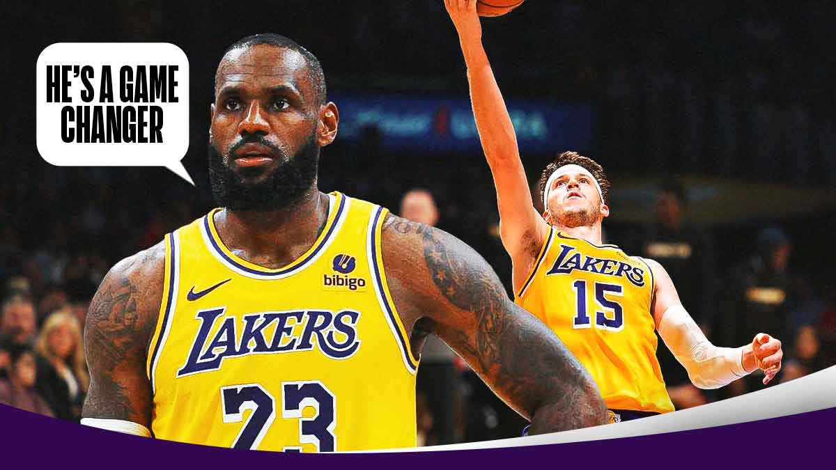 LeBron James looking serious and saying "He's a game changer." Austin Reaves shooting the basketball.
