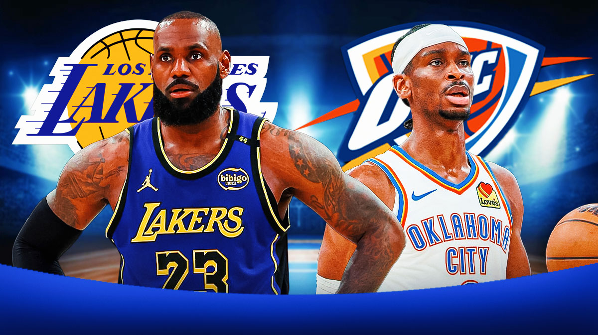 Lakers All-Star LeBron James next to Thunder All-Star Shai Gilgeous-Alexander with the Lakers and Thunder logos in the background