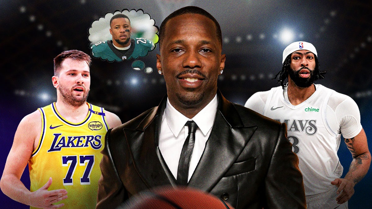 Rich Paul with a thought bubble of Saquon Barkley in an Eagles jersey. Next to Paul is a photo of Luka Doncic in a Lakers jersey, and Anthony Davis in a Mavericks jersey.