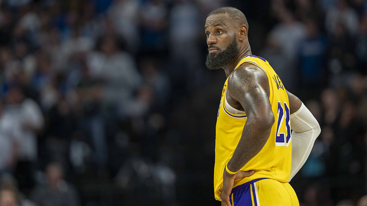Los Angeles Lakers forward LeBron James (23) looks on against the Minnesota Timberwolves in the second half during game three of first round for the 2024 NBA Playoffs at Target Center.