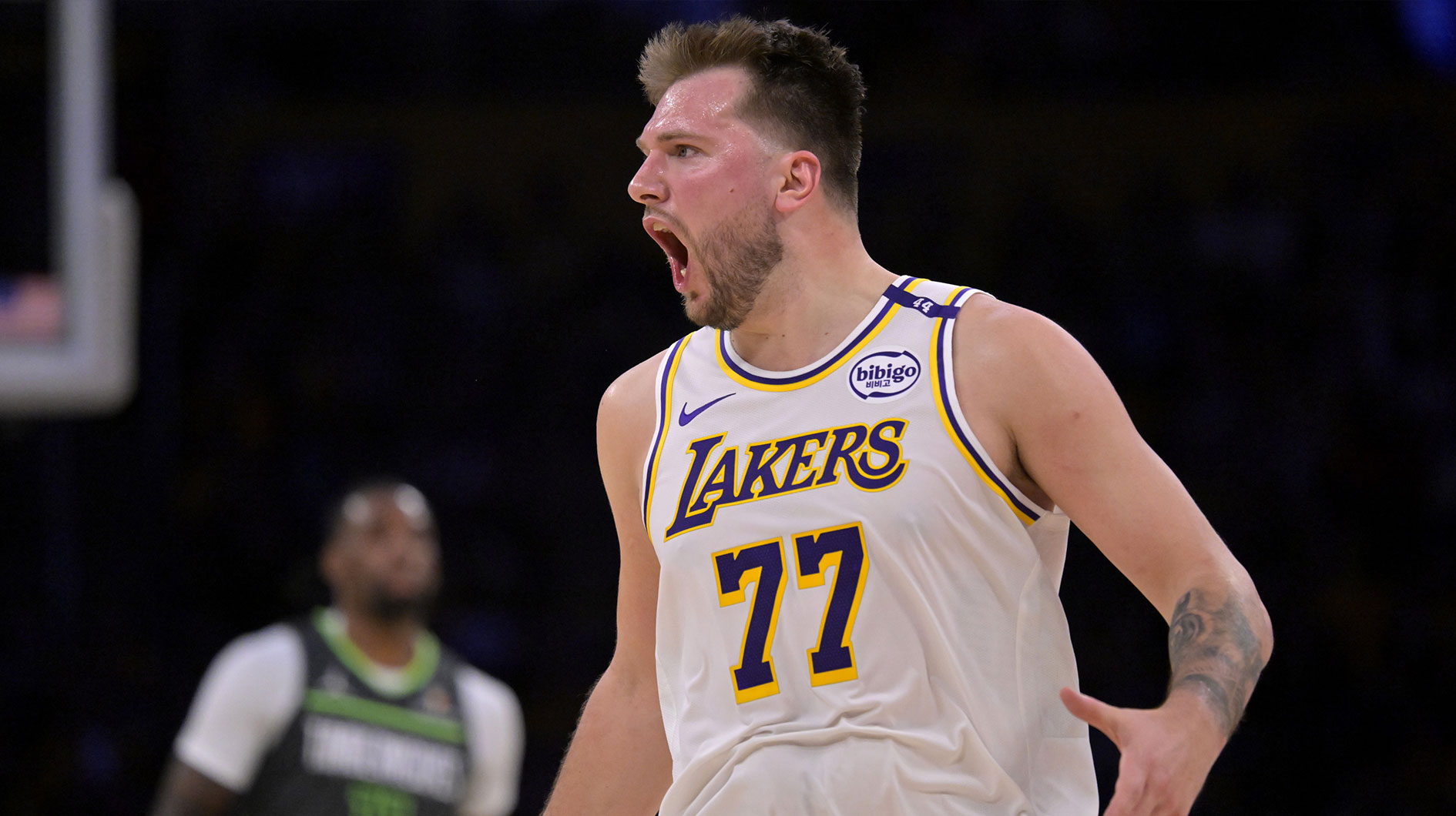 Los Angeles Lakers guard Luka Doncic (77) reacts after not getting a foul call in the second half against the Minnesota Timberwolves at Crypto.com Arena.