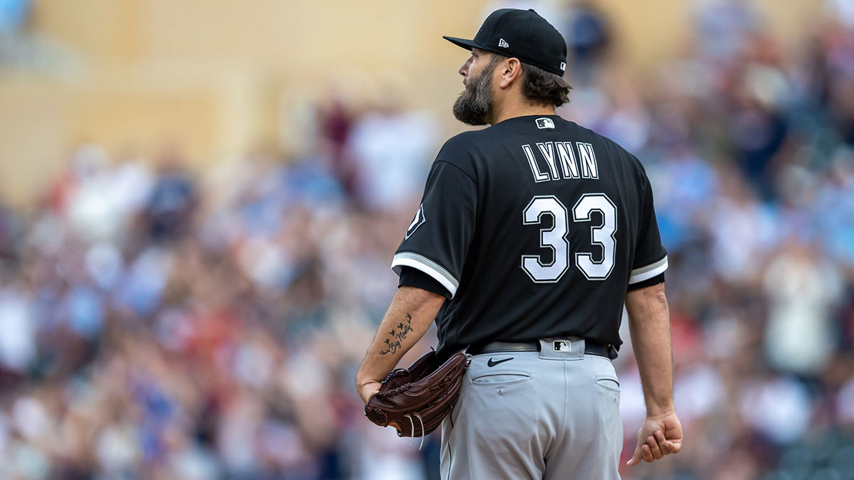 Jul 21, 2023; Minneapolis, Minnesota, USA; Chicago White Sox starting pitcher Lance Lynn (33) looks on after giving up a two-run home run against the Minnesota Twins in the first inning at Target Field.