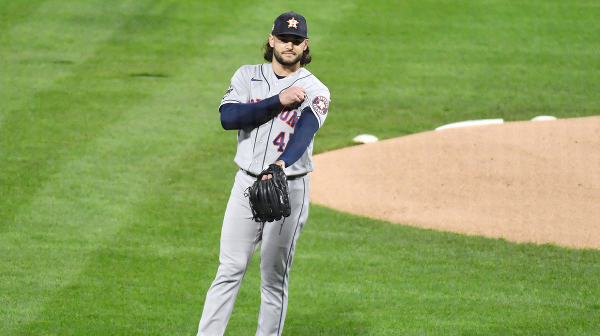 Houston Astros starting pitcher Lance McCullers Jr. (43) reacts after conceding a two-run home run to Philadelphia Phillies designated hitter Bryce Harper (not pictured) during the first inning in game three of the 2022 World Series at Citizens Bank Park.