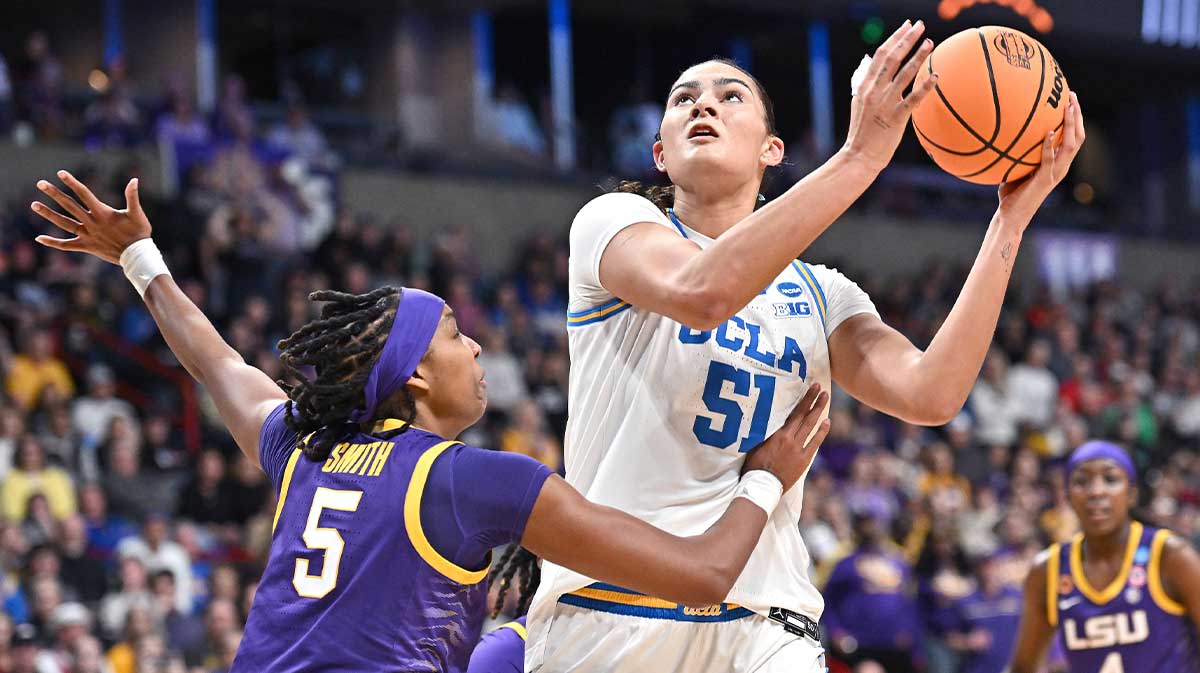 UCLA Bruins center Lauren Betts (51) shoots against LSU Lady Tigers forward Sa'Myah Smith (5) during the second half of a Elite 8 NCAA Tournament basketball game at Spokane Arena.