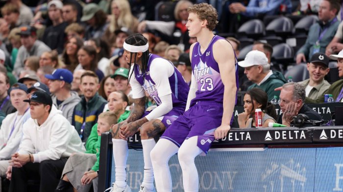 Utah Jazz guard Jordan Clarkson (00) and forward Lauri Markkanen (23) sit not he scorers table during the second quarter against the Chicago Bulls at Delta Center.