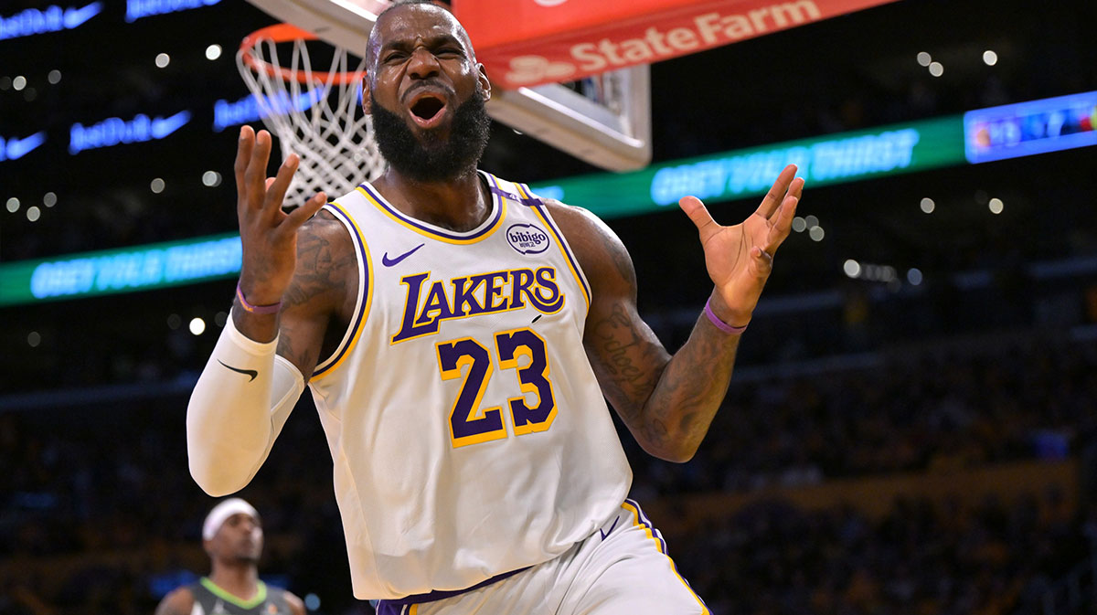 Los Angeles Lakers forward LeBron James (23) reacts after missing a pass in the first quarter against the Minnesota Timberwolves at Crypto.com Arena.