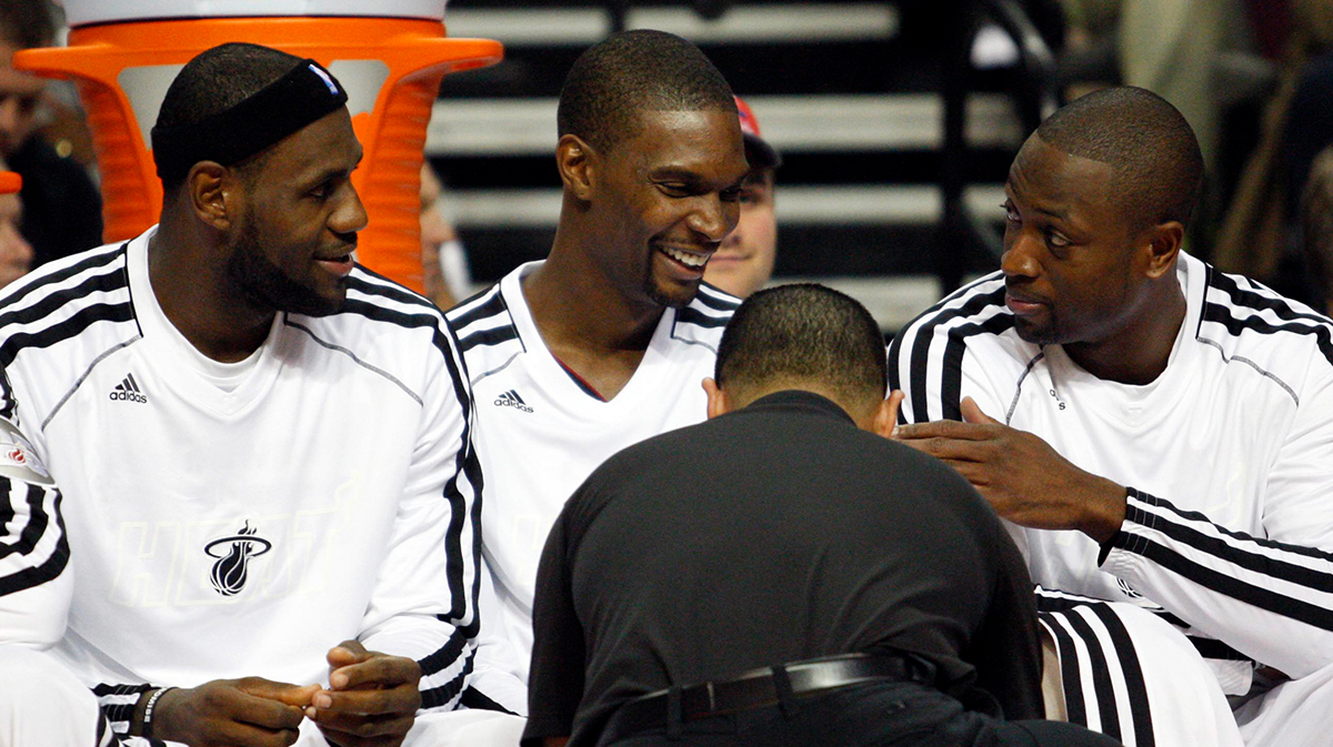 Miami Heat small forward LeBron James (left) power forward Chris Bosh (middle) and shooting guard Dwyane Wade (right) during the third quarter against the Detroit Pistons at The Palace of Auburn Hills. Heat beat the Pistons 112-107.