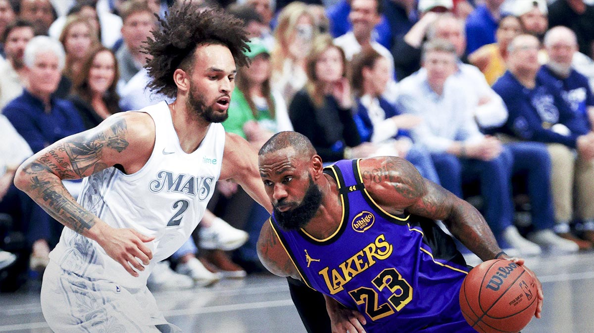 Los Angeles Lakers forward LeBron James (23) drives to the basket as Dallas Mavericks center Dereck Lively II (2) defends during the first quarter at American Airlines Center.