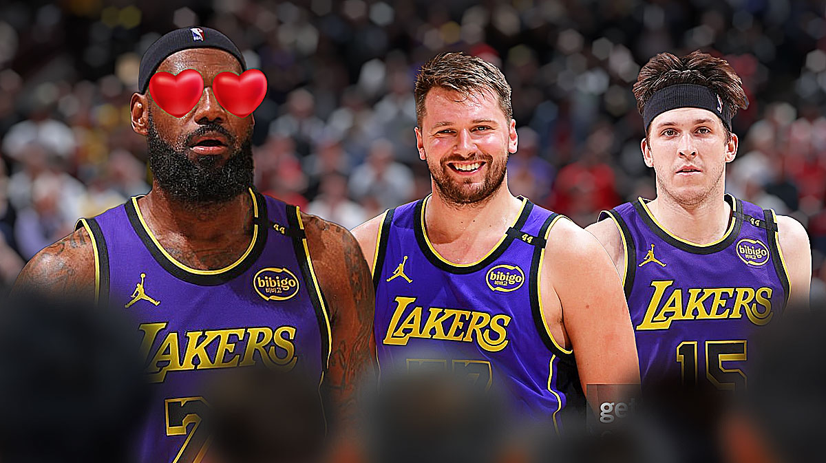 LeBron James in a Lakers jersey with hearts over his eyes, looking at Lakers guards Luka Doncic and Austin Reaves