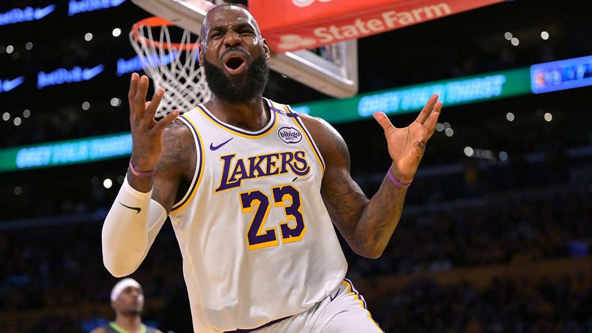 Los Angeles Lakers forward LeBron James (23) reacts after missing a pass in the first quarter against the Minnesota Timberwolves at Crypto.com Arena. Mandatory Credit: Jayne Kamin-Oncea-Imagn Images