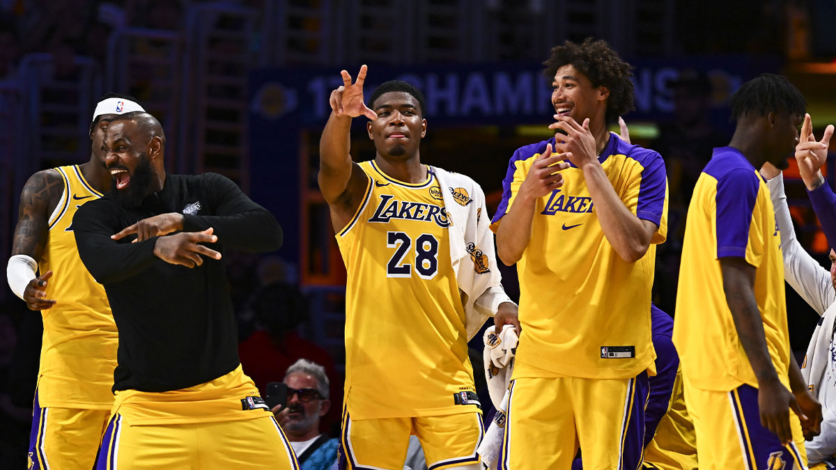 Los Angeles Lakers forward Jarred Vanderbilt (2), forward LeBron James (23), forward Rui Hachimura (28), center Jaxson Hayes (11), and Los Angeles Lakers guard Luka Doncic (77) celebrate after scoring against the Houston Rockets during the second half at Crypto.com Arena.