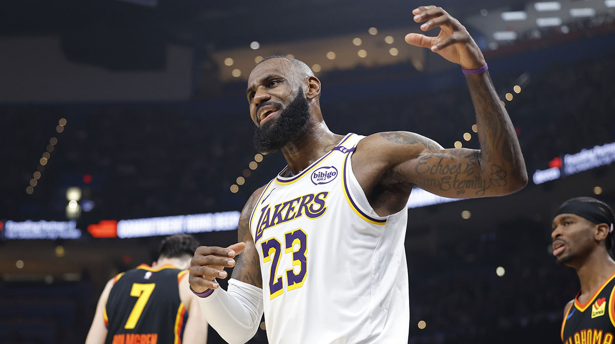 Los Angeles Lakers forward LeBron James (23) gestures after a play against the Oklahoma City Thunder during the second quarter at Paycom Center.