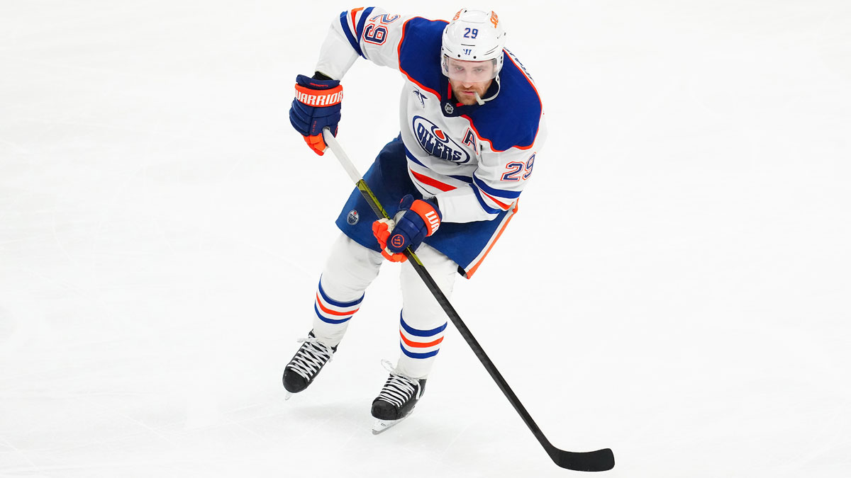 Edmonton Oilers center Leon Draisaitl (29) skates against the Vegas Golden Knights during the third period at T-Mobile Arena.