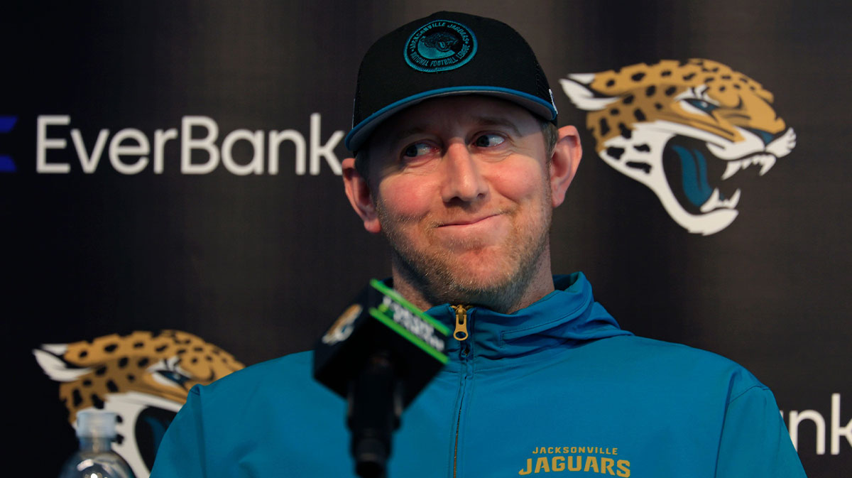 Jacksonville Jaguars head coach Liam Coen smiles during a press conference at Miller Electric Cente