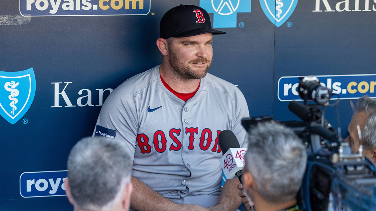 Boston Red Sox pitcher Liam Hendriks (31) is interviewed prior to the game against the Kansas City Royals at Kauffman Stadium.