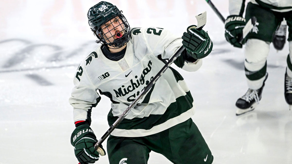 Michigan State's Isaac Howard celebrates his goal against Notre Dame during the third period in the Big Ten tournament on Saturday, March 15, 2025, at Muni Arena in East Lansing.