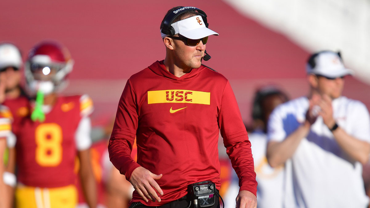 Southern California Trojans head coach Lincoln Riley watches game action against the Nebraska Cornhuskers during the second half at the Los Angeles Memorial Coliseum. Mandatory Credit: Gary A. Vasquez-Imagn Images