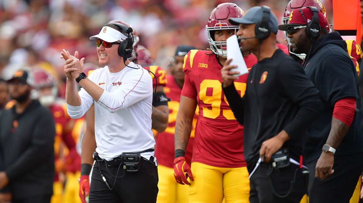 Southern California Trojans head coach Lincoln Riley watches game action against the Notre Dame Fighting Irish during the first half at the Los Angeles Memorial Coliseum.