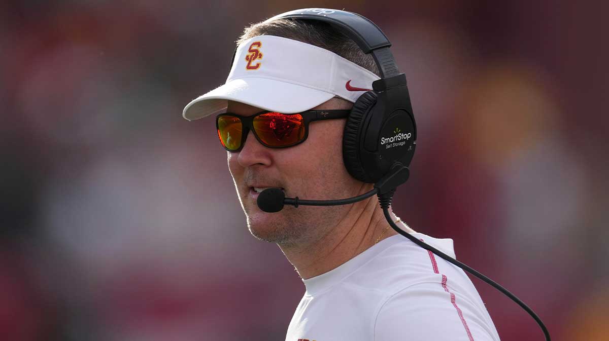 Southern California (USC) Trojans head coach Lincoln Riley reacts against the Notre Dame Fighting Irish in the second half at United Airlines Field at Los Angeles Memorial Coliseum.