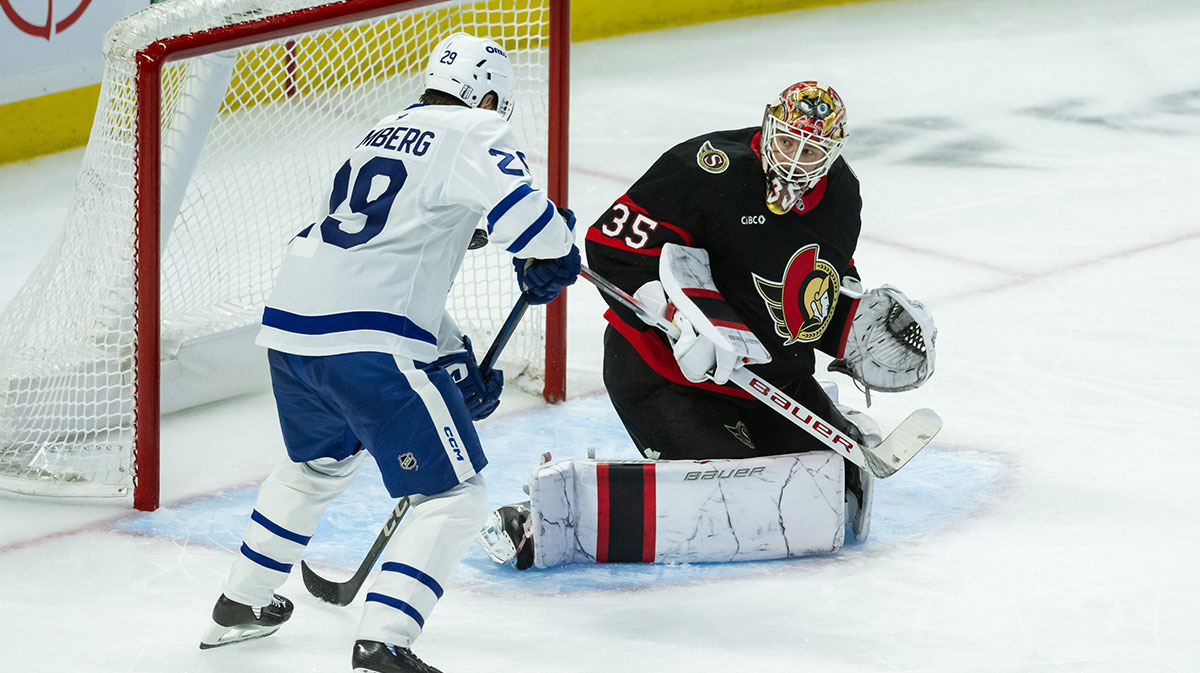 Ottawa Senators goalie Linus Ullmark (35) follows the puck as it bounces off Toronto Maple Leafs right wing Pontus Holmberg (29) in game four of the first round of the 2025 Stanley Cup Playoffs at Canadian Tire Centre.
