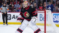 Ottawa Senators goalie Linus Ullmark (35) loses his stick in game three of the first round of the 2025 Stanley Cup Playoffs against the Toronto Maple Leafs at Canadian Tire Centre