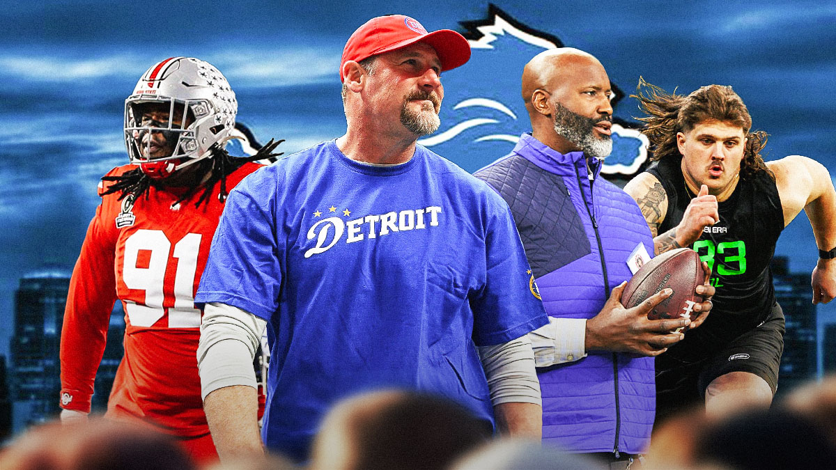 Coach Dan Campbell, GM Brad Holmes, Tyleik Williams, Tate Ratledge beside each other, Detroit Lions wallpaper in the background