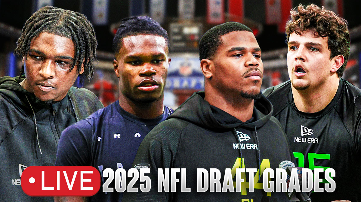 Cam Ward, Travis Hunter, Abdul Carter, and Will Campbell with an NFL Draft background and "LIVE 2025 NFL Draft Grades" with Live with the pic below