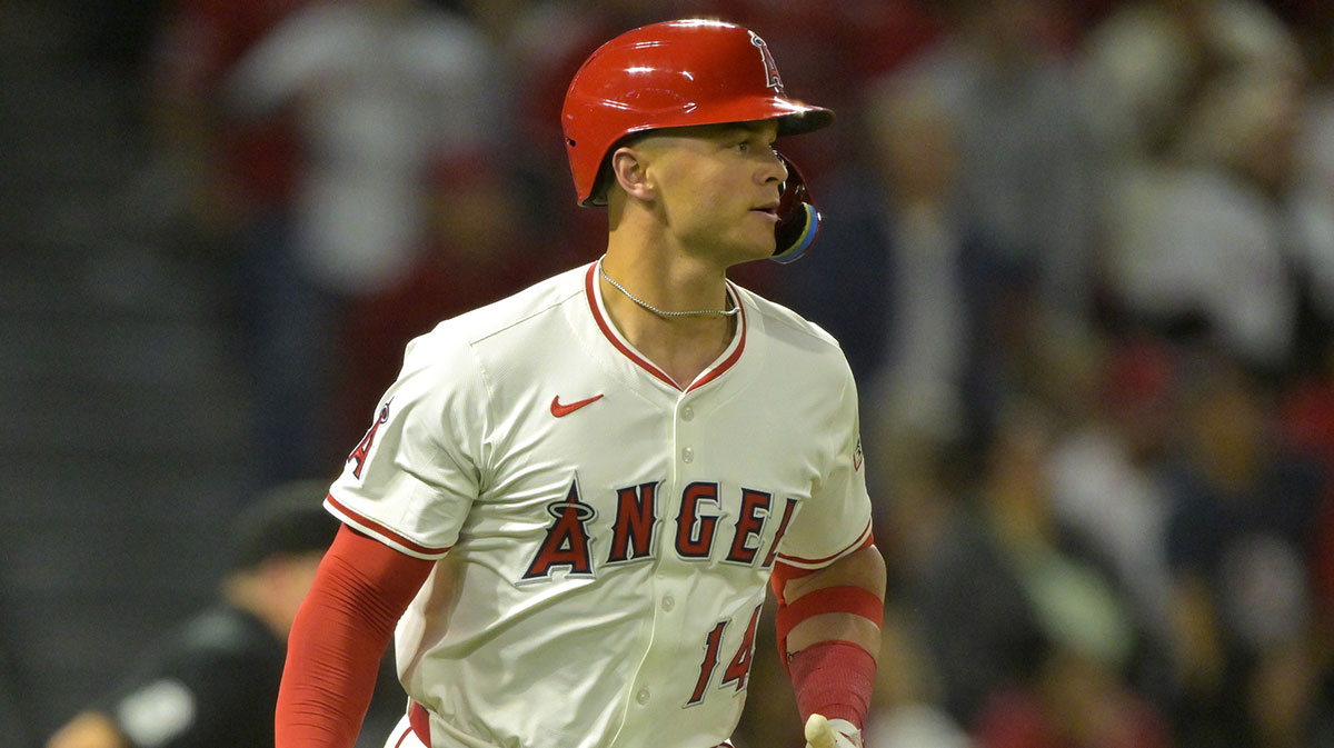 Los Angeles Angels catcher Logan O'Hoppe (14) watches as the ball clears the wall on a two-run home run in the fifth inning against the Cleveland Guardians at Angel Stadium.