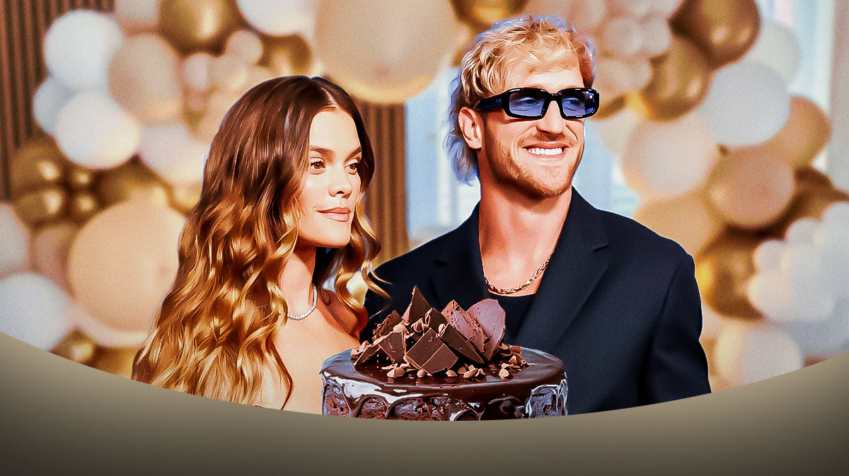 WWE star Logan Paul on the right with his fiancée Nina Agdal with birthday balloons and cake around them.
