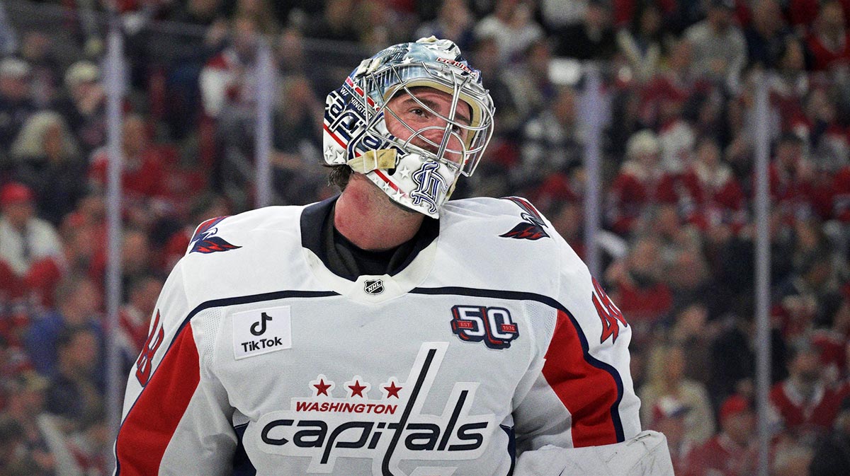 Bruising on the neck of Washington Capitals goalie Logan Thompson (48) after getting hit by the puck iduring the second period in game three of the first round of the 2025 Stanley Cup Playoffs against the Montreal Canadiens at the Bell Centre.