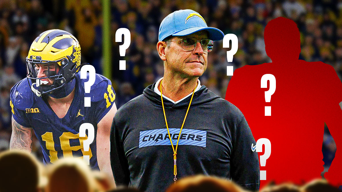 Chargers coach Jim Harbaugh surrounded by question mark emojis. He is next to Michigan TE Colston Loveland and a silhouette of an American football player with a big question mark emoji inside. There are also logos for the Los Angeles Chargers and the 2025 NFL Draft.