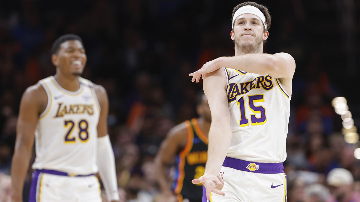 Los Angeles Lakers guard Austin Reaves (15) gestures after scoring against the Oklahoma City Thunder during the second half at Paycom Center.