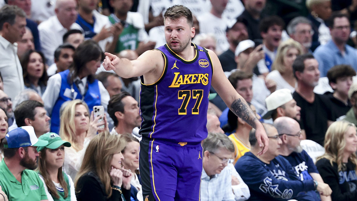 Los Angeles Lakers guard Luka Doncic (77) reacts during the first quarter against the Dallas Mavericks at American Airlines Center.