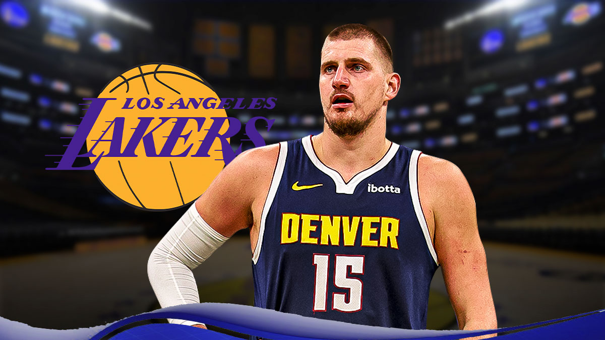 Nikola Jokic, Nuggets, Michael Malone, Lakers, Nikola Jokic Nuggets, Nikola Jokic and Lakers logo with Lakers arena in the background