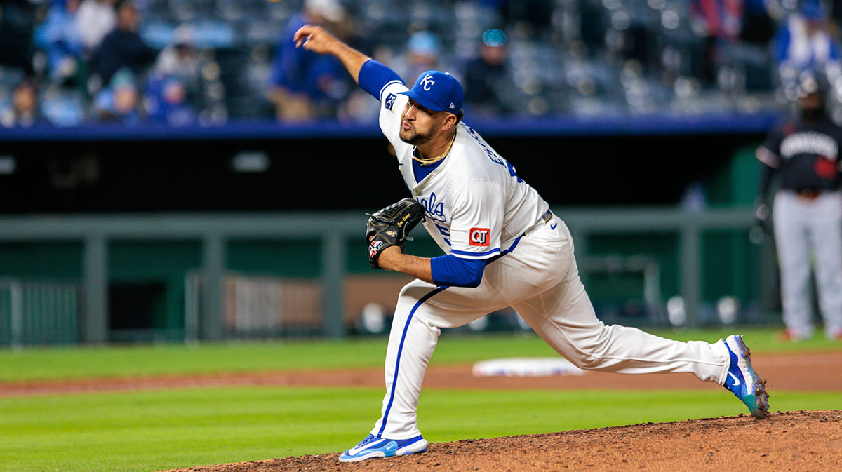 Apr 7, 2025; Kansas City, Missouri, USA; Kansas City Royals pitcher Lucas Erceg (60) pitches during the ninth inning against the Minnesota Twins at Kauffman Stadium.