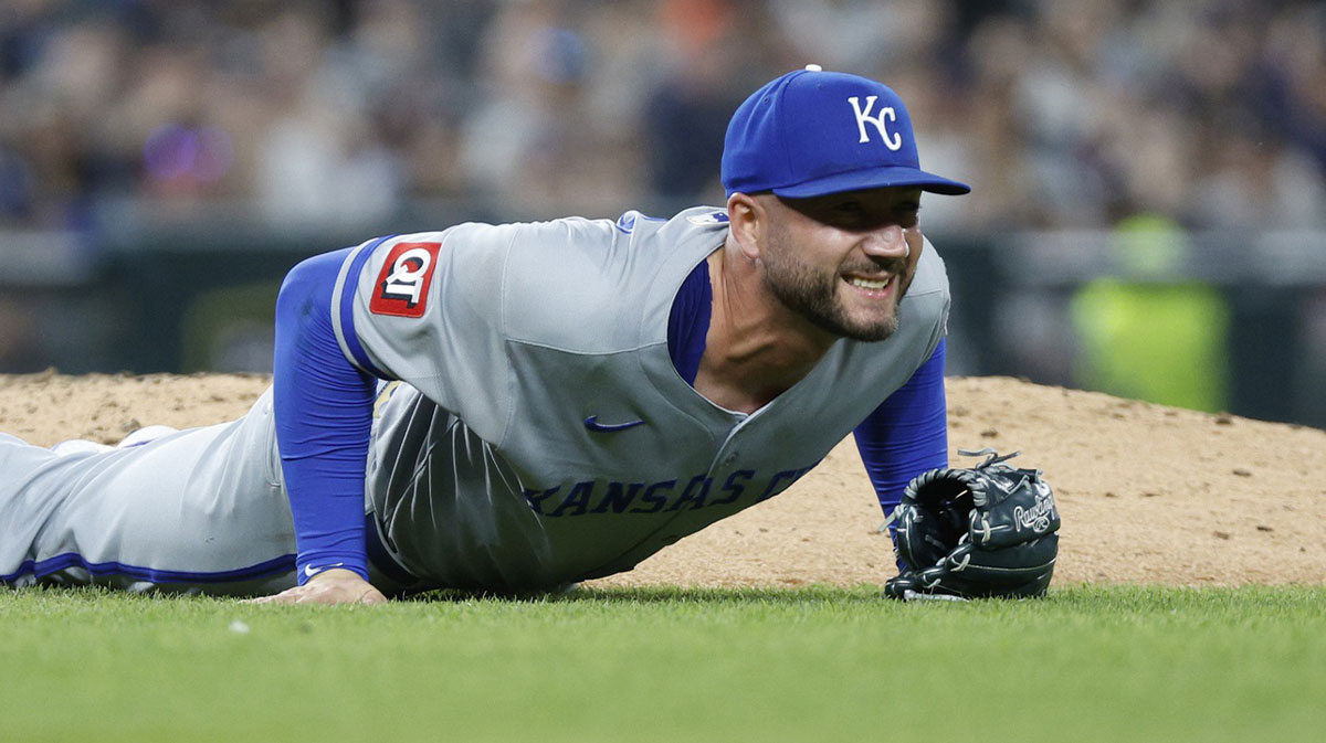Apr 18, 2025; Detroit, Michigan, USA; Kansas City Royals pitcher Lucas Erceg (60) reacts after being hit by a ball hit by Detroit Tigers outfielder Riley Greene (not pictured) for a single during the seventh inning at Comerica Park. Mandatory Credit: Brian Bradshaw Sevald-Imagn Images
