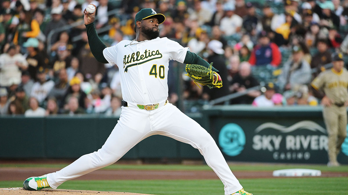 Apr 7, 2025; West Sacramento, California, USA; Athletics pitcher Luis Severino (40) throws a pitch against the San Diego Padres during the first inning at Sutter Health Park.
