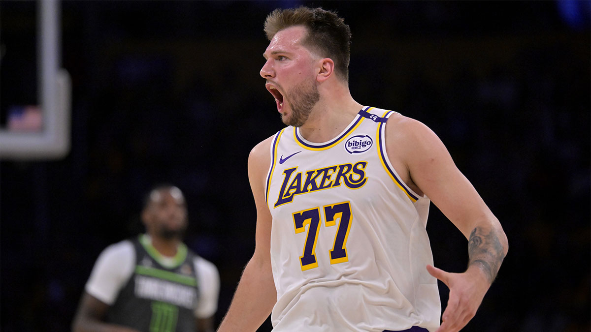 Los Angeles Lakers guard Luka Doncic (77) reacts after not getting a foul call in the second half against the Minnesota Timberwolves at Crypto.com Arena.