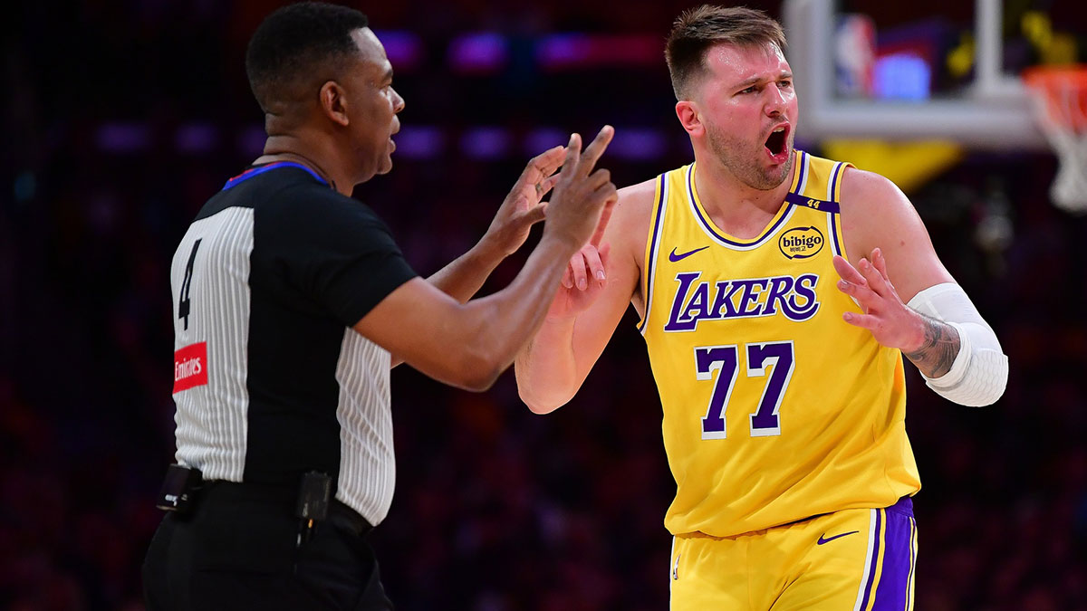 Los Angeles Lakers guard Luka Doncic (77) reacts to a call during the second half at Crypto.com Arena.