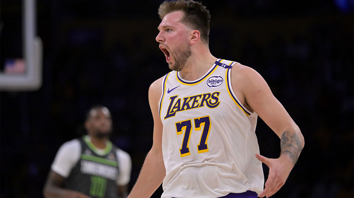 Los Angeles Lakers guard Luka Doncic (77) reacts after not getting a foul call in the second half against the Minnesota Timberwolves at Crypto.com Arena.