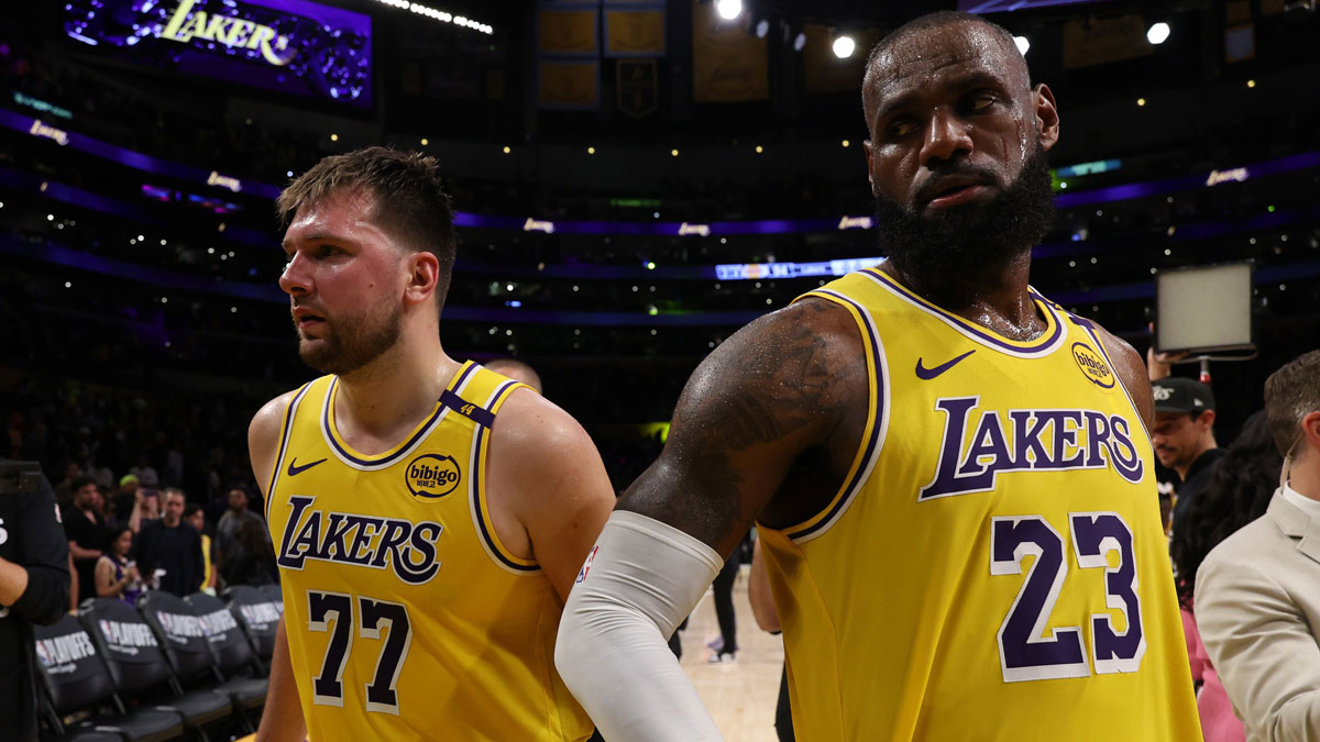 Lakers stars Luka Doncic and LeBron James before NBA playoff game against the Timberwolves.